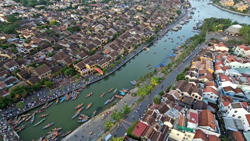 Aerial view of Hoi An Ancient Town during paragliding tour in Vietnam