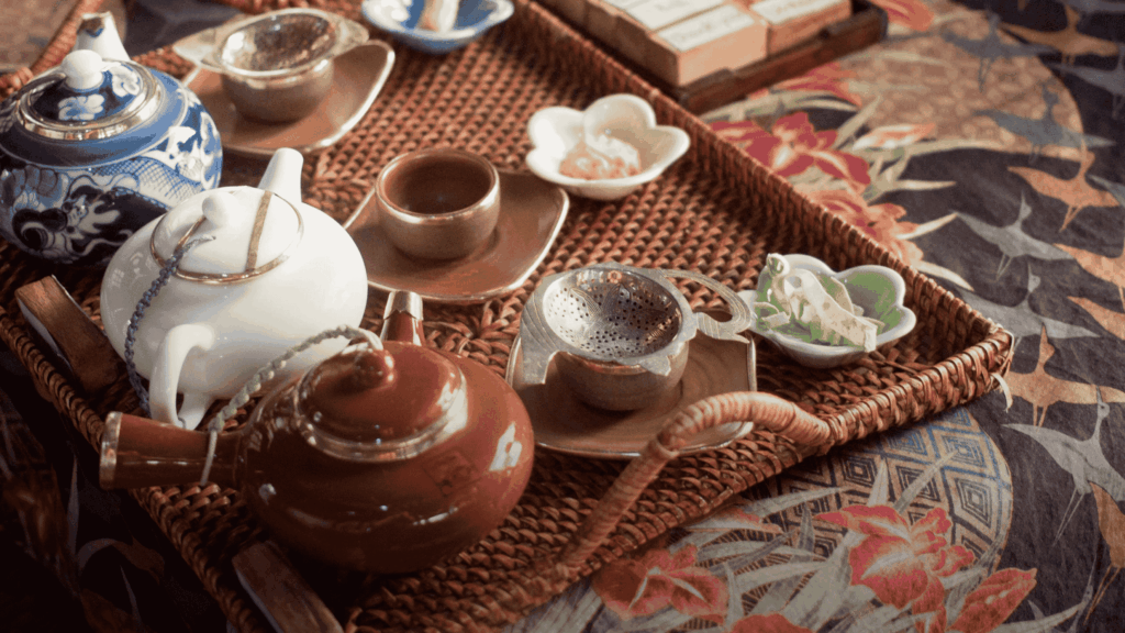 Traditional tea set featuring local Vietnamese tea in Hoi An