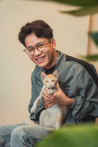 Mèo xám mắt to với ngón tay emoji rụt rè, kiểu ngại ngùng xin xỏ