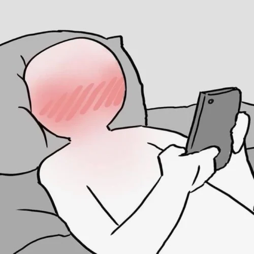 Người nằm trên giường mặt đỏ rực nhìn điện thoại, kiểu đọc tin nhắn mà ngượng