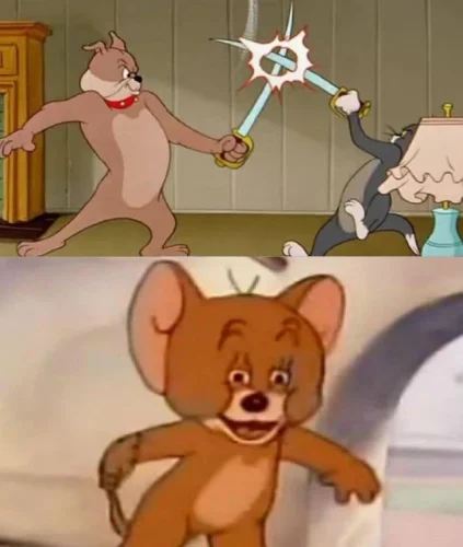 Ghép hai khung: Tom và Jerry đấu kiếm, bên dưới Jerry ngơ ngác nhìn lại