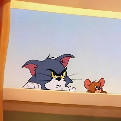 Tom và Jerry cùng thò đầu qua bậu cửa sổ, mặt hình sự nhìn ra ngoài