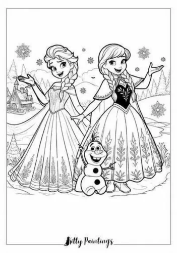Tranh tô màu anna, Elsa và Olaf giữa trời tuyết