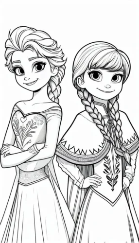 Tranh tô màu anna và Elsa đứng cạnh nhau, nét rõ