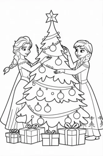 Hình tô màu anna và Elsa trang trí cây thông Noel