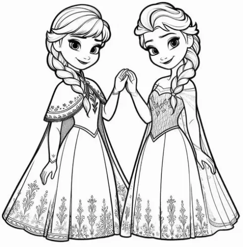 Tranh tô màu anna và Elsa nắm tay