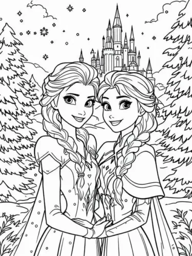 Anna và Elsa trước lâu đài giữa rừng thông