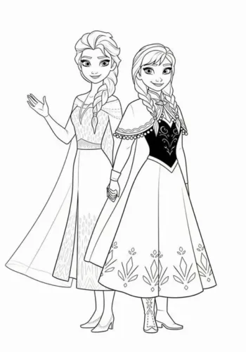 Tranh tô màu anna và Elsa đứng cạnh nhau, nét mảnh
