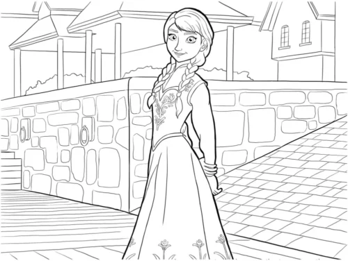 Mẫu tô màu anna đứng giữa phố Arendelle