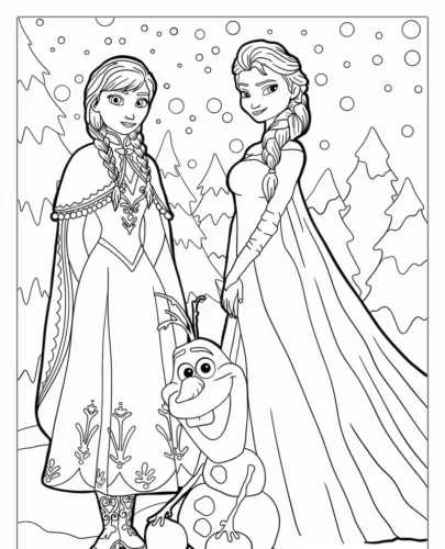 Hình tô màu anna, Elsa và Olaf giữa rừng tuyết