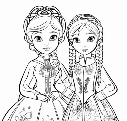 Tranh tô màu anna và Elsa tóc tết, nét rõ