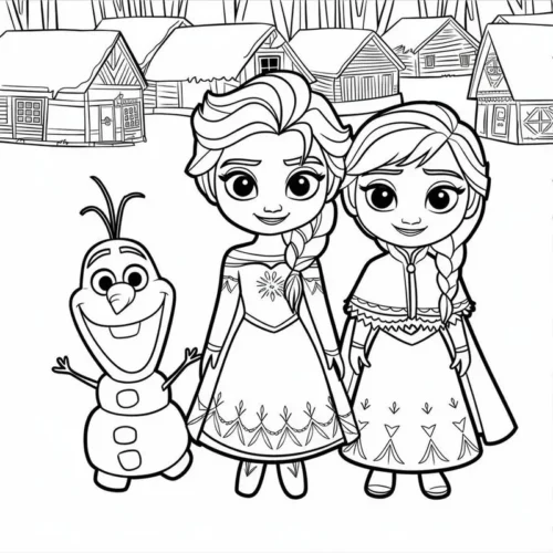 Hình tô màu anna, Elsa và Olaf trước làng