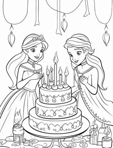 Mẫu tô màu anna và Elsa bên bánh sinh nhật