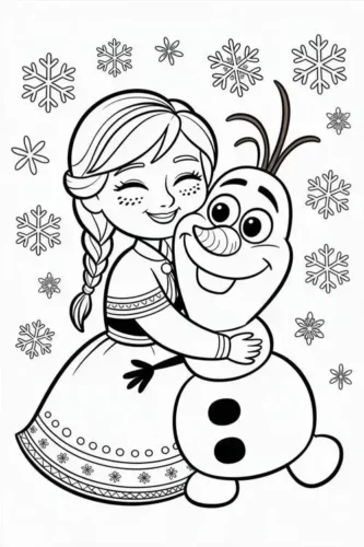 Hình tô màu anna ôm người tuyết Olaf giữa bông tuyết