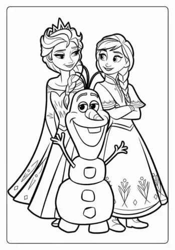 Tranh tô màu anna, Elsa và Olaf trong khung