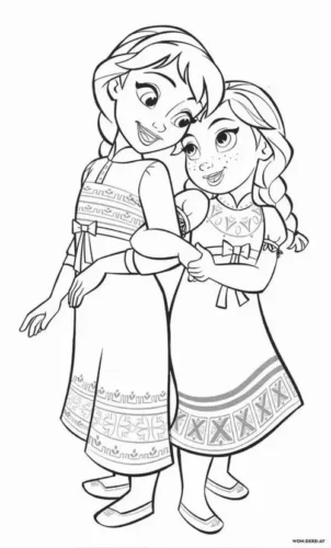 Hình tô màu anna và Elsa ôm nhau, nét mảnh