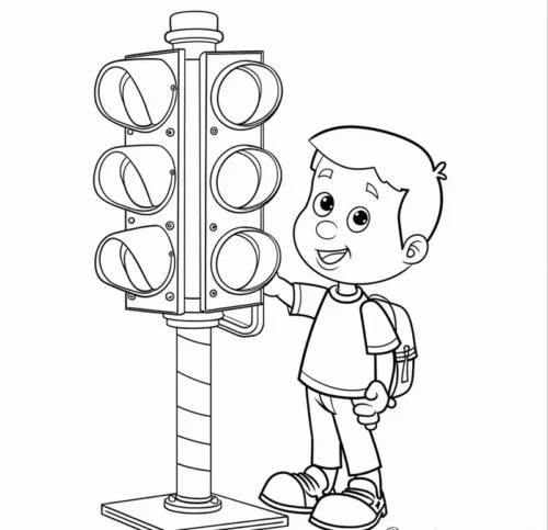 Cậu bé đứng cạnh cột đèn tín hiệu