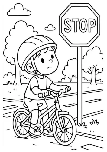 Bé đội mũ bảo hiểm dừng xe trước biển STOP