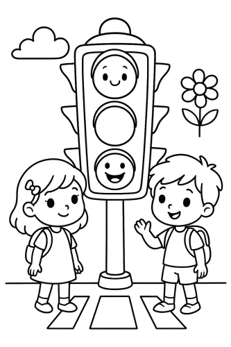 Hình tô màu hai bạn nhỏ bên đèn tín hiệu mặt cười