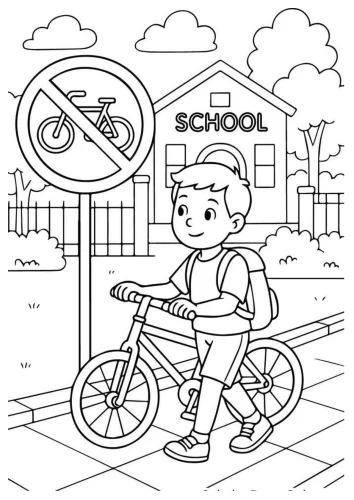 Mẫu tô màu cậu bé dắt xe đạp bên biển cấm xe đạp