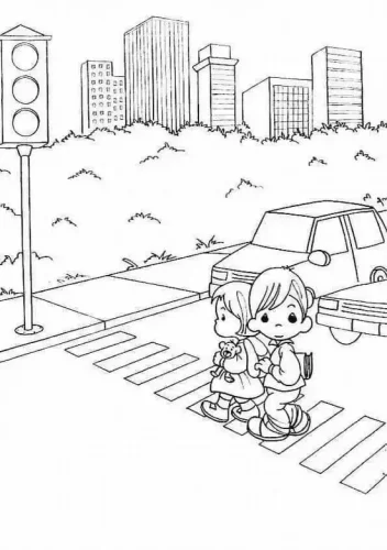 Bạn nhỏ chờ qua đường giữa phố