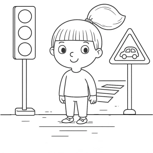 Hình tô màu bé gái đứng giữa đèn tín hiệu và biển báo