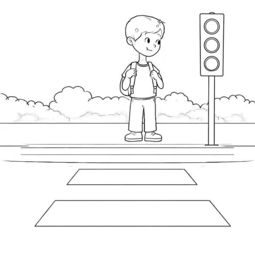 Cậu bé đứng chờ bên đèn tín hiệu