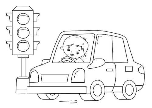Hình tô màu bác tài dừng xe trước đèn đỏ