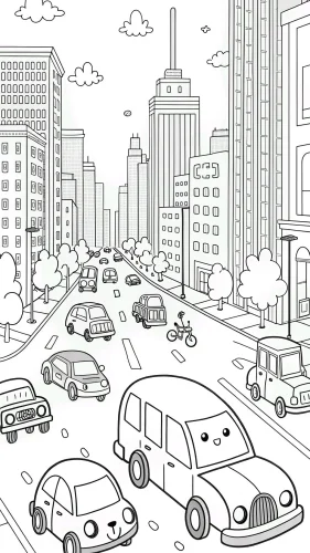 Mẫu tô màu phố đông xe giữa nhà cao tầng