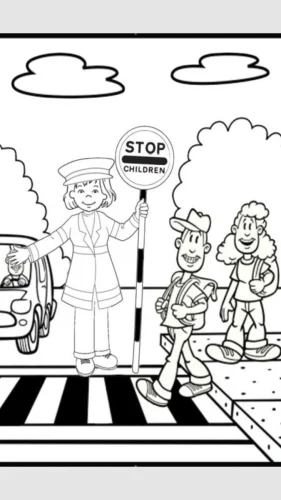 Mẫu tô màu cô hướng dẫn giơ biển STOP cho học sinh qua đường