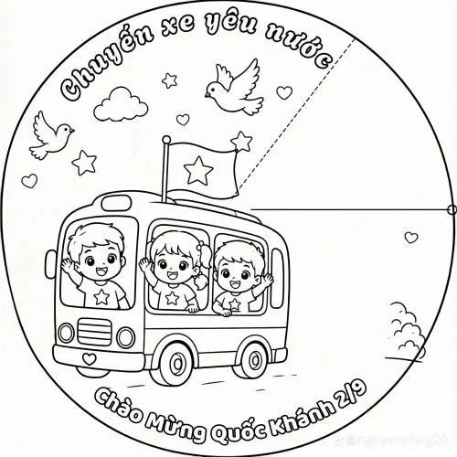 Tranh tô màu xe buýt chở các bạn nhỏ trong vòng tròn chữ