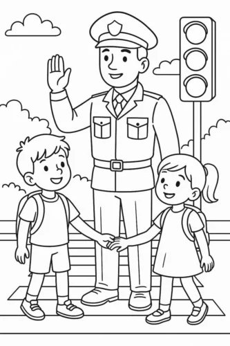 Chú cảnh sát dắt các bạn nhỏ qua đường