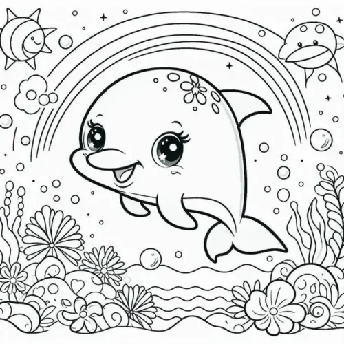 Mẫu tô màu cá heo dưới cầu vồng