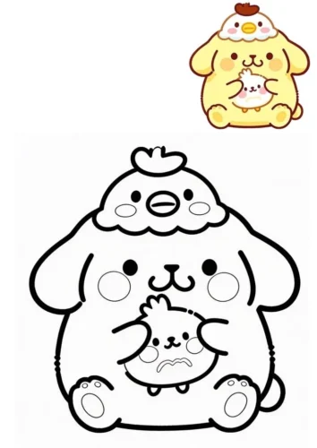 Pompompurin chibi ôm gà con