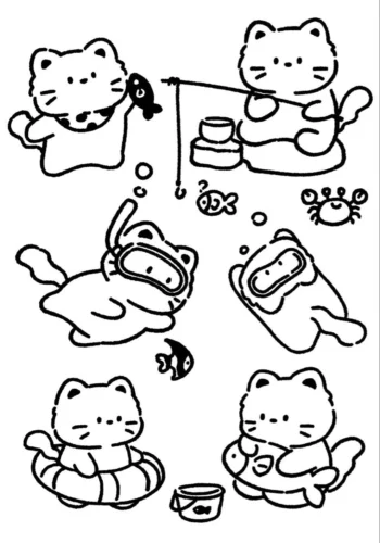 Mèo chibi bơi và câu cá