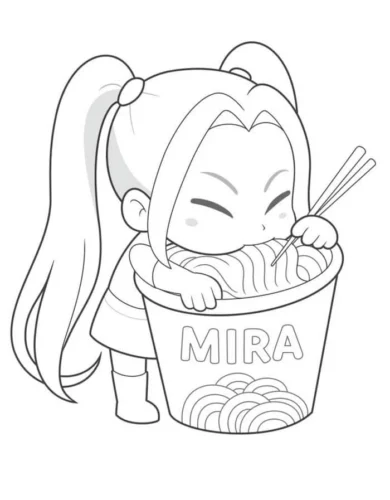 Cô bé chibi tóc dài ngồi trong cốc mì