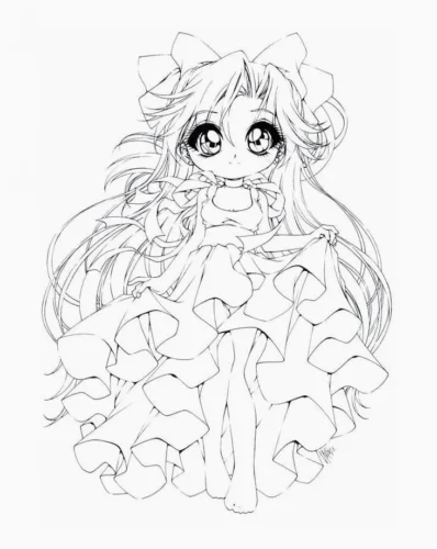 Mẫu tô màu cô bé chibi váy xoè, nét mảnh