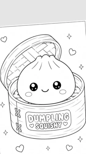 Tranh tô màu bánh bao chibi trong hộp dưới chữ Dumpling