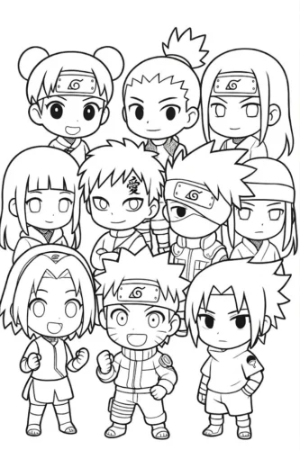 Hình tô màu nhóm nhân vật ninja chibi đứng cùng nhau