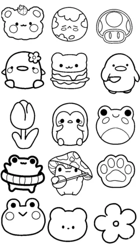 Tranh tô màu trang sticker chibi: ếch, gấu, bánh, hoa