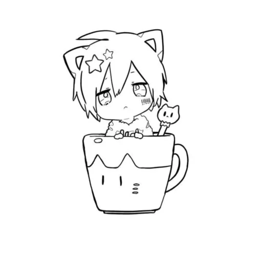 Hình tô màu cậu bé chibi tai mèo ngồi trong cốc