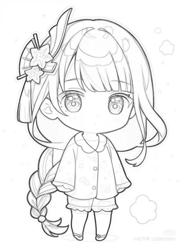 Mẫu tô màu cô bé chibi tóc dài cài hoa, nét mảnh
