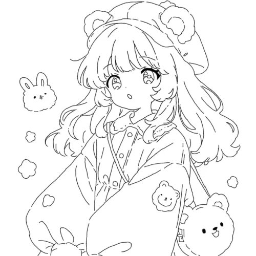 Tranh tô màu cô bé chibi đội mũ gấu