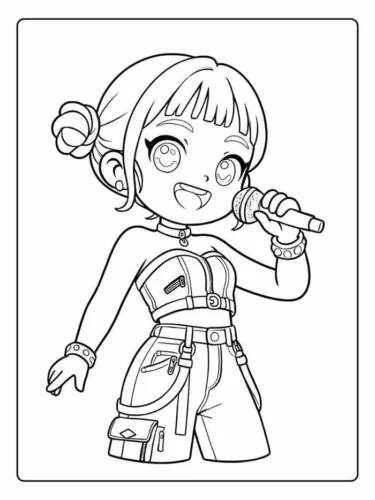 Tranh tô màu cô bé chibi cầm micro hát