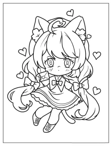 Hình tô màu cô bé chibi tai mèo giữa trái tim