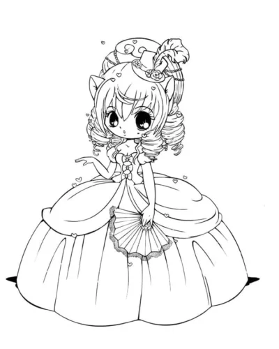 Hình tô màu cô bé chibi mặc váy công chúa