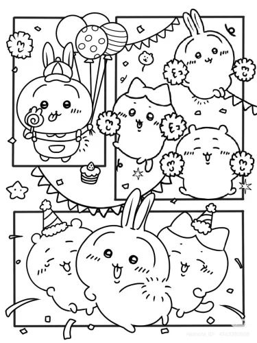 Mẫu tô màu thỏ và mèo chibi giữa bánh kẹo