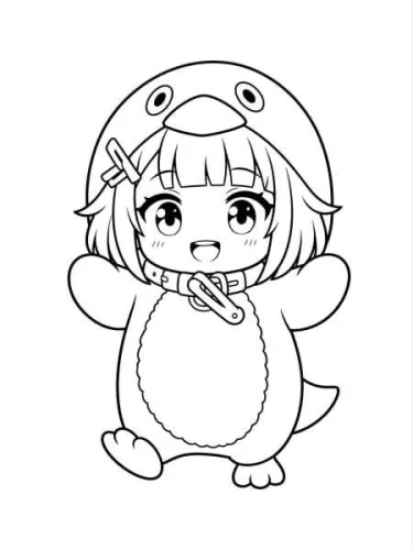Bé chibi mặc bộ đồ chim cánh cụt