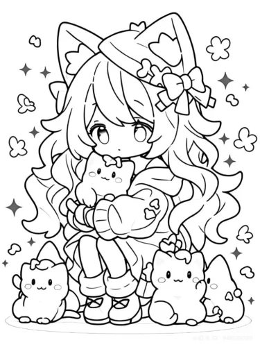 Cô bé chibi tai mèo ôm mèo con