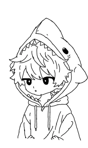 Hình tô màu cậu bé chibi mặc áo cá mập